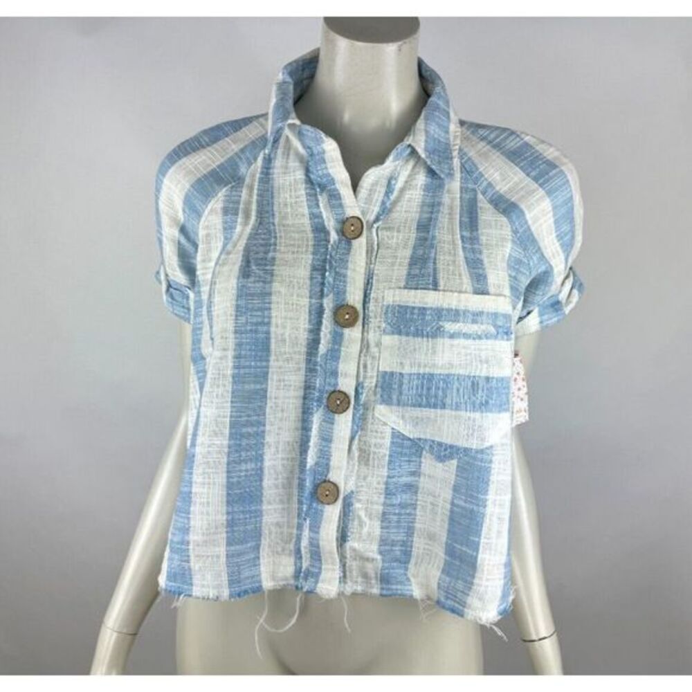 Free People Away at Sea Striped Raw Hem Shirt Women XS NWT Cotton Linen Blouse
